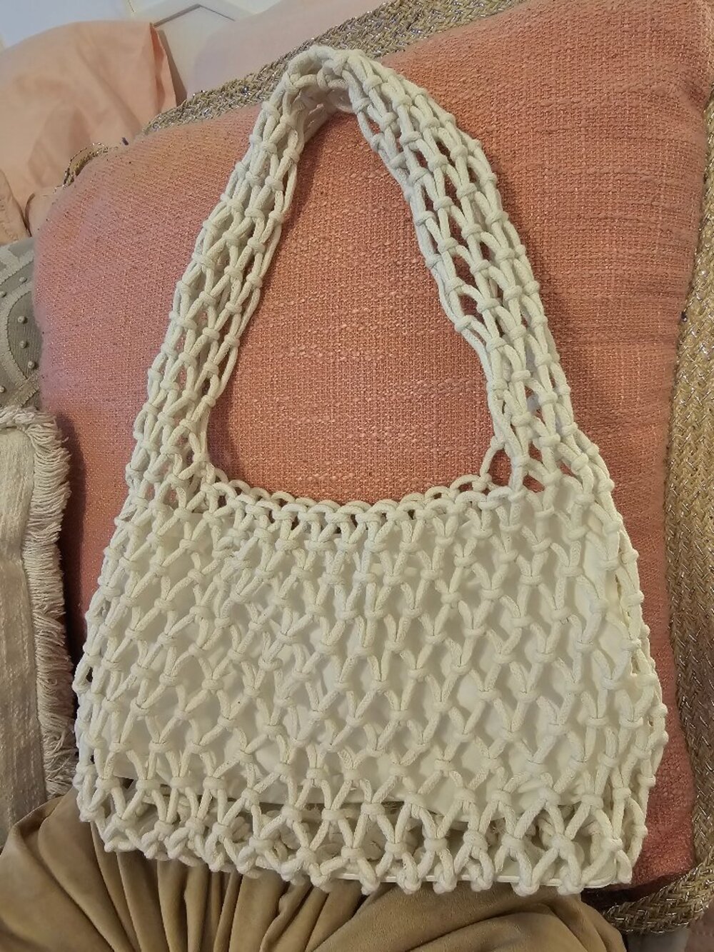 Boho Cream Macrame Woven Mesh Shoulder Bag Cotton Rope Tote Inner Lining